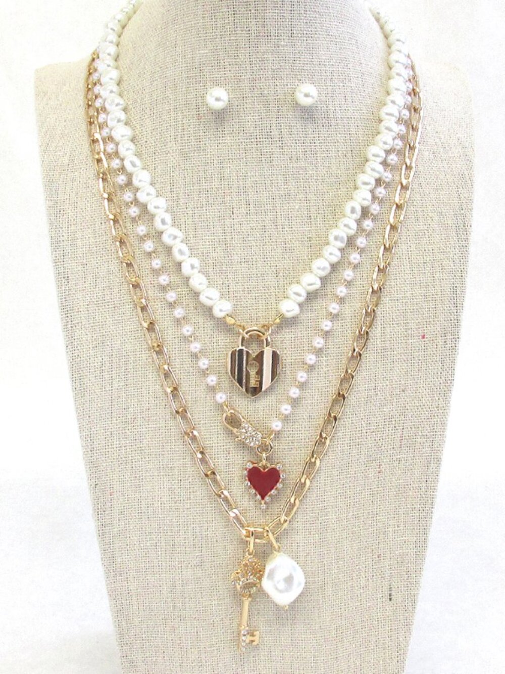 NEW Silver Multi-Layer Charm Necklace Pearls Bows Cross Boho Coquette Jewelry